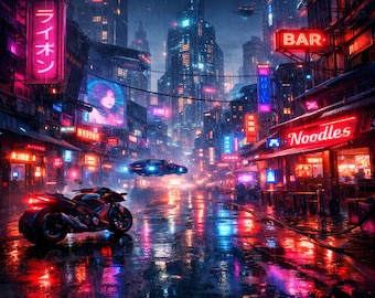 Grafika ścienna z motywem cyberpunku, plakat z neonowym miastem, futurystyczne science fiction do pobrania, wydruk z pejzażem miejskim z motywem cyberpunku, dekoracja pokoju do gier