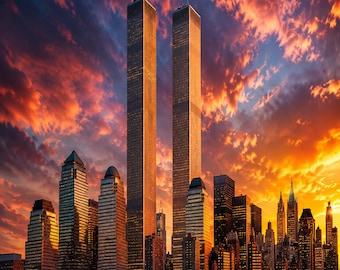 Wydruk artystyczny vintage z panoramą wież Twin Towers w Nowym Jorku (pobranie cyfrowe)
