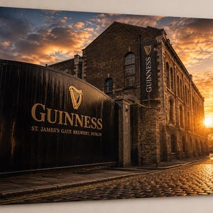 May include: A canvas print of the Guinness brewery in Dublin, Ireland, at sunset. The image features the brewery's entrance gate with the Guinness logo and the text "St. James's Gate Brewery, Dublin." The sky is filled with orange and yellow hues.