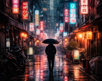 Miejski Neon Rain – nastrojowa grafika ścienna w stylu cyberpunk | Wersja cyfrowa do pobrania