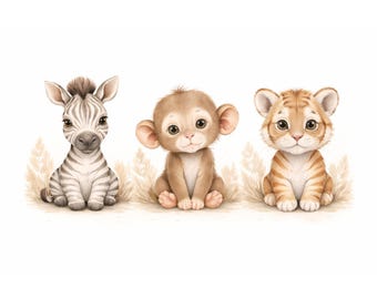 Grafika ścienna do pokoju dziecięcego Safari Babies – Zebra, małpa, tygrys, neutralny wystrój w stylu boho, sztuka do pokoju dziecięcego