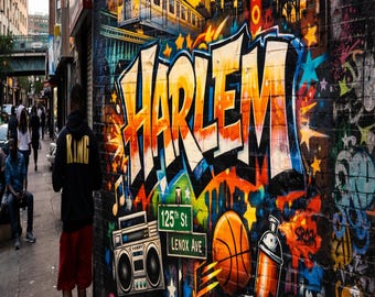 Graffiti z Harlemu do druku – Plakat ze sztuką uliczną w Nowym Jorku – Wystrój domu w stylu miejskiego hip-hopu – Natychmiastowe pobranie cyfrowe
