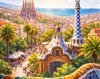 Wydruk z widokiem na Barcelonę, plakat podróżniczy do Hiszpanii (pobranie cyfrowe)