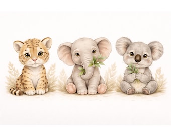 Wydruk na ścianę do pokoju dziecięcego z motywem safari – gepard, słoń, koala, neutralny wystrój boho