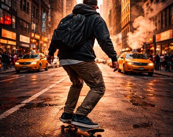 Plakat ścienny „Nowy Jork Skateboarder” – miejska fotografia uliczna – Sztuka deskorolkowa w Nowym Jorku – do pobrania w wersji cyfrowej
