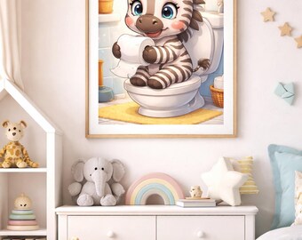 Urocza, mała zebra – grafika ścienna do łazienki do druku | Zabawne dekoracje do toalety dla dzieci | Dekoracje zwierząt do pokoju dziecięcego | Pobierz natychmiast