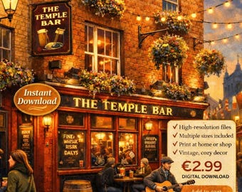 Sztuka ścienna Dublin Temple Bar – Fotografia uliczna irlandzkiego pubu – Plakat podróżniczy do Irlandii – Do pobrania w wersji cyfrowej