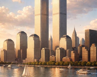 Twin Towers NYC Skyline Vintage Art Print (Digital Download)