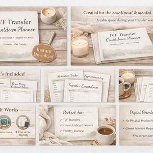 May include: A digital IVF Transfer Countdown Planner with editable Canva templates. Includes a countdown, medication tracker, and appointment log. The planner is designed to support the emotional and mental load of IVF.