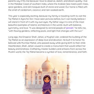 May include: An illustration featuring a girl in a purple dress in front of the Taj Mahal. The image includes text at the top: "Haleema of Malabar". The Taj Mahal is shown with its white marble structure and minarets.