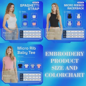 Puede incluir: Imagen que muestra una tabla de tallas y colores de productos para camisetas sin mangas y una camiseta de beb&eacute;. La tabla muestra opciones de color: negro, blanco, azul claro y melocot&oacute;n. Se incluyen tablas de tallas, con medidas en cm para ancho y largo.