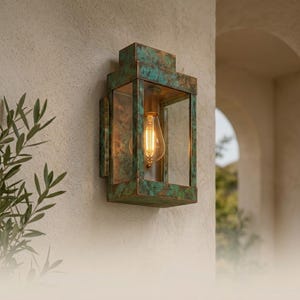 Patina Copper Lantern Sconce, Handmade Rectangular Wall Light, Turquoise Entryway Lamp, Rustic Exterior Home Decor