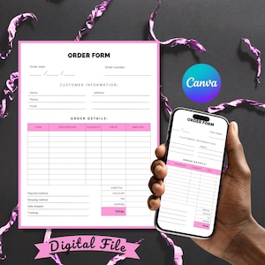 Könnte beinhalten: Ein digitales Bestellformular mit rosa Rand und Text. Das Formular enthält Felder für Kundeninformationen und Bestelldetails. Ein Smartphone zeigt dasselbe Formular an. Die Worte "Digital File" stehen unten.