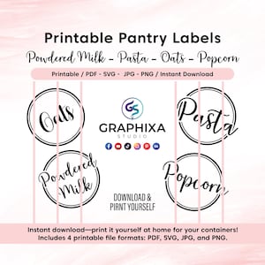 Może przedstawiać: Drukowane etykiety do spiżarni z napisami "Powdered Milk", "Pasta", "Oats" i "Popcorn" czarną czcionką w okrągłych ramkach. Projekt zawiera tekst "Printable / PDF - SVG - JPG - PNG / Instant Download".