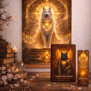 May include: A fantasy-themed image featuring a white wolf with a golden aura on a canvas wall hanging. A signed book and bookmark with a cat warrior are also displayed. The artwork has a warm colour palette and includes the text "MARU THE DIVINE" and "AURELIA".