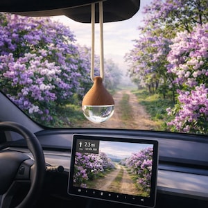 May include: A car air freshener with a wooden top and a clear glass bottom, suspended from a white rope. The car's dashboard and a screen displaying a scenic road with purple flowers are visible. The screen shows the distance as 2.3 mi.