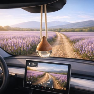 May include: Car interior with a hanging wooden air freshener. The air freshener has a wooden top and a clear glass bottom. A digital display shows a road through a lavender field. The steering wheel is black.