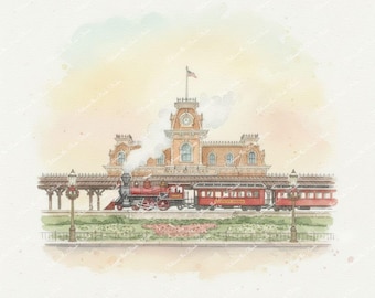 Disney Watercolor Prints: Main Street Station, Monorail, Spaceship Earth, Boardwalk Inn, Street in Celebration - Printable Wall Art
