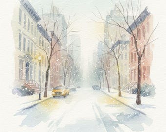 New York City Watercolor Prints: NYC Snowfall, Brooklyn Bridge, Brooklyn Brownstone, Fire Escape, Greenwich Village - Printable Wall Art