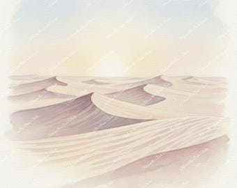 Desert Watercolor Prints: Rolling Sand Dunes, Atacama in Chile, Wadi Rum in Jordan, Cactus Morning Light, Single Cactus - Printable Wall Art