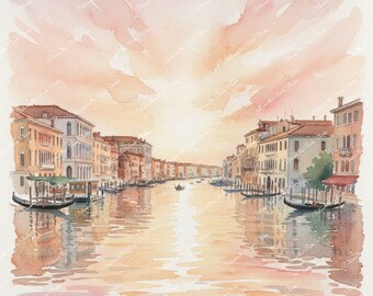 Venice, Italy Watercolor Prints: Grand Canal, Sunrise, Sunset, St. Mark's Square, San Giorgio - Printable Wall Art (PNG Digital Download)