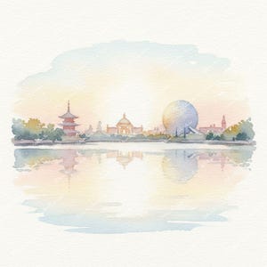 Watercolor painting of a scenic landscape with a body of water reflecting a skyline of buildings and structures. The artwork features a pagoda, a domed building, and a large sphere, all rendered in soft pastel colors.