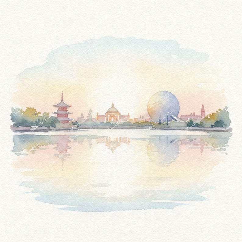 Watercolor painting of a scenic landscape with a body of water reflecting a skyline of buildings and structures. The artwork features a pagoda, a domed building, and a large sphere, all rendered in soft pastel colors.