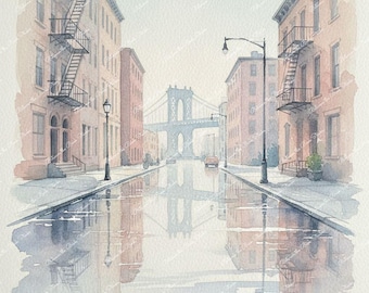 New York City Watercolor Prints: Brooklyn Street, Empire State Building, Soho, Flatiron, NYC Skyline - Printable Wall Art