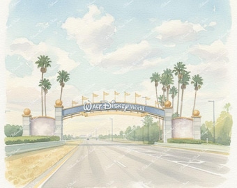 Disney Watercolor Prints: Walt Disney World Arch, Parking Entrances to Magic Kingdom, Hollywood Studios, Animal Kingdom - Printable Wall Art