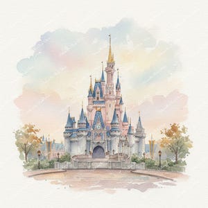Watercolor painting of a fairytale castle with pink, blue, and gold accents. The castle has multiple turrets and spires, set against a pastel sky. Trees and a pathway are in the foreground.