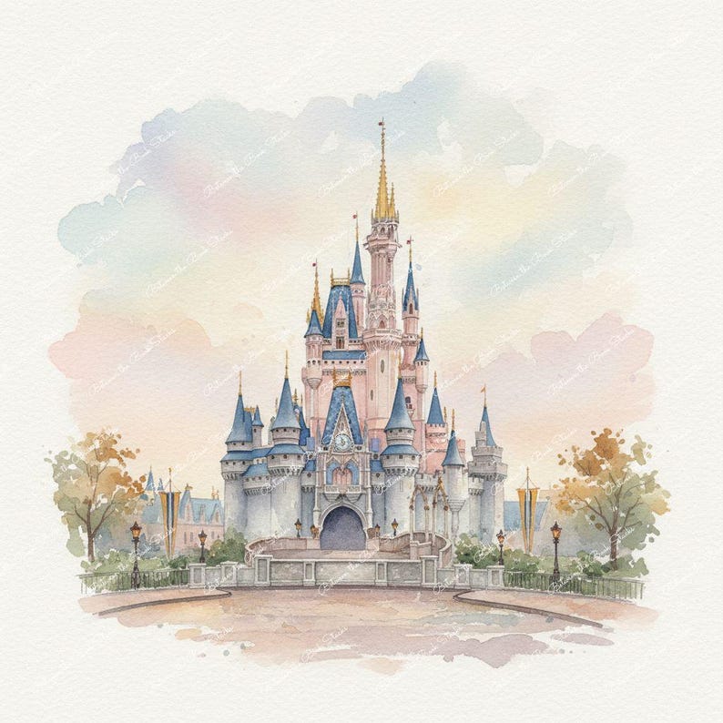 Watercolor painting of a fairytale castle with pink, blue, and gold accents. The castle has multiple turrets and spires, set against a pastel sky. Trees and a pathway are in the foreground.