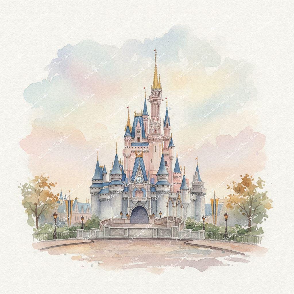 Disney Watercolor Prints: Magic Kingdom, Main Street, Cinderella Castle ...