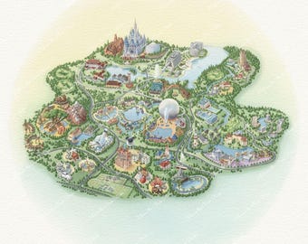Disney Watercolor Print: Walt Disney World Map, Magic Kingdom Map, Animal Kingdom Map, Epcot Map, Hollywood Studios Map - Printable Wall Art