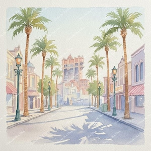 Watercolor painting of a street scene with palm trees, buildings, and street lamps. The artwork features a central tower structure and a clear sky, with shadows cast on the street. The color palette includes soft blues, greens, and browns.