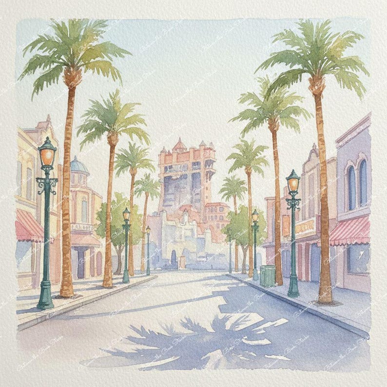 Watercolor painting of a street scene with palm trees, buildings, and street lamps. The artwork features a central tower structure and a clear sky, with shadows cast on the street. The color palette includes soft blues, greens, and browns.