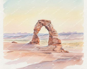 Utah Desert Watercolor Prints: Arches National Park, Bryce Canyon, Warm Sunset Mountains, Cactus, Full Moon Rising - Printable Wall Art