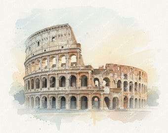 Rome, Italy Watercolor Prints: The Colosseum, Roman Forum, Street, Trevi Fountain, Rome Rooftops - Printable Wall Art (PNG Digital Download)