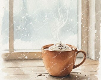 Winter Watercolor Prints: Hot Chocolate, Cozy Cabin, Fireplace, Snow Boots, Scarves and Gloves - Printable Wall Art (PNG Digital Download)