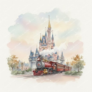 Peut inclure: Illustration à l'aquarelle d'un train à vapeur rouge se dirigeant vers un château rose et bleu avec des flèches. L'arrière-plan présente un ciel aux couleurs pastel et des arbres, créant une scène fantaisiste.