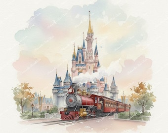 Disney Watercolor Prints: Train Passing Castle, Ferry Boat Seven Seas Lagoon, Skyliner, Grand Floridian, Animal Kingdom - Printable Wall Art