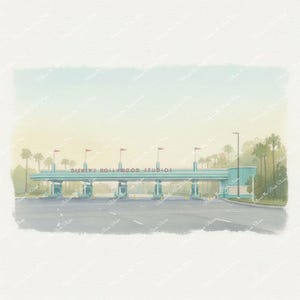 Może przedstawiać: Akwarela przedstawiająca wejście do Disney's Hollywood Studios. Turkusowe wejście ma nazwę parku w białych literach, z czerwonymi flagami na górze. Widoczne są palmy i latarnia uliczna.