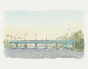 Disney Watercolor Prints: Hollywood Studios Entrance, Hollywood Boulevard, Tower of Terror, Rock 'n' Roller Coaster - Printable Wall Art