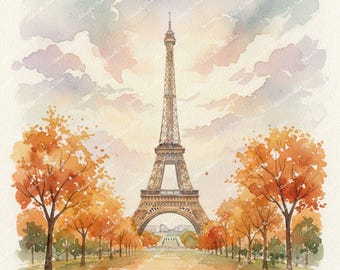 Paris Watercolor Prints: Eiffel Tower in Autumn, at Night, at Sunset, at Sunrise, and Minimalist - Printable Wall Art (PNG Digital Download)