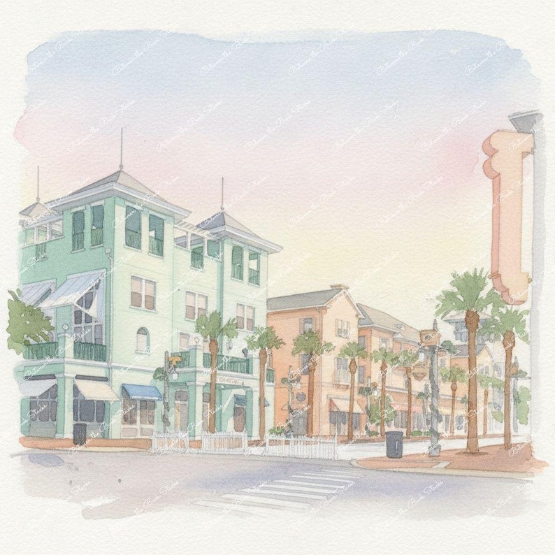 Watercolor painting of a street scene with buildings in shades of green and peach. Palm trees line the street, and a crosswalk is visible. The sky transitions from pink to blue.