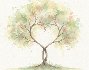 Valentine's Day Watercolor Prints: Heart Shaped Tree, Roses, Rose Petals, Love Birds, Coffee - Printable Wall Art (PNG Digital Download)