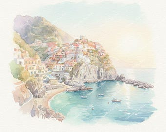 Amalfi Coast, Italy Watercolor Prints: Cliffside Village, Small Harbor, Lemon Groves, Winding Road, Sunset - Printable Wall Art