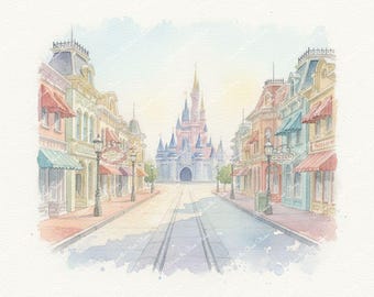 Disney Watercolor Prints: Magic Kingdom, Main Street, Cinderella Castle, Epcot, Hollywood Studios, Celebration - Printable Wall Art