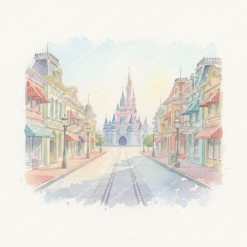 Watercolor painting of a street scene leading to a castle. Buildings with awnings line the street, painted in pastel colors. The castle is in the distance, with a pink and blue color scheme. The artwork has a soft, dreamy quality.