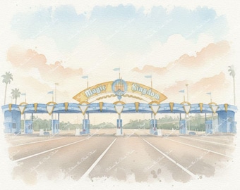 Disney Watercolor Prints: Magic Kingdom Parking Entrance, Gaston's Tavern, Sleepy Hollow, Swiss Family Treehouse - Printable Wall Art