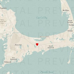 May include: A map of Cape Cod, Massachusetts, featuring a light blue ocean and beige landmass with labeled towns like Provincetown and Falmouth. A small red heart icon marks a specific location near Barnstable. The text reads CAPE COD, MASSACHUSETTS.